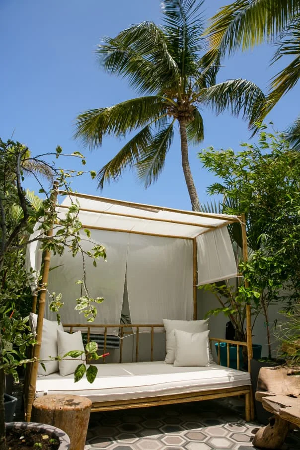 a hotel cabana nuzzled under palm trees